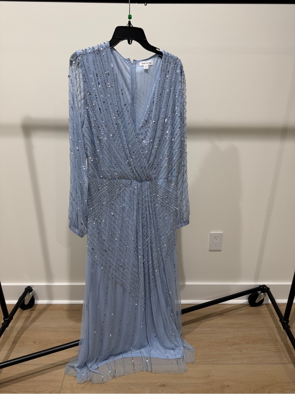 Frock and Frill Beaded Light Blue Long Sleeve Evening Gown